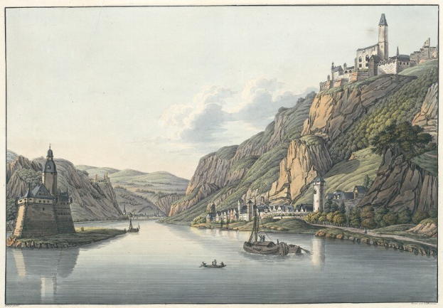 Gemälde eines Flusses mit Booten, umgeben von Hügeln, Bäumen, Gebäuden und einem bewölkten Himmel, mit "Schloss Karlsruhe in Deutschland" unten.