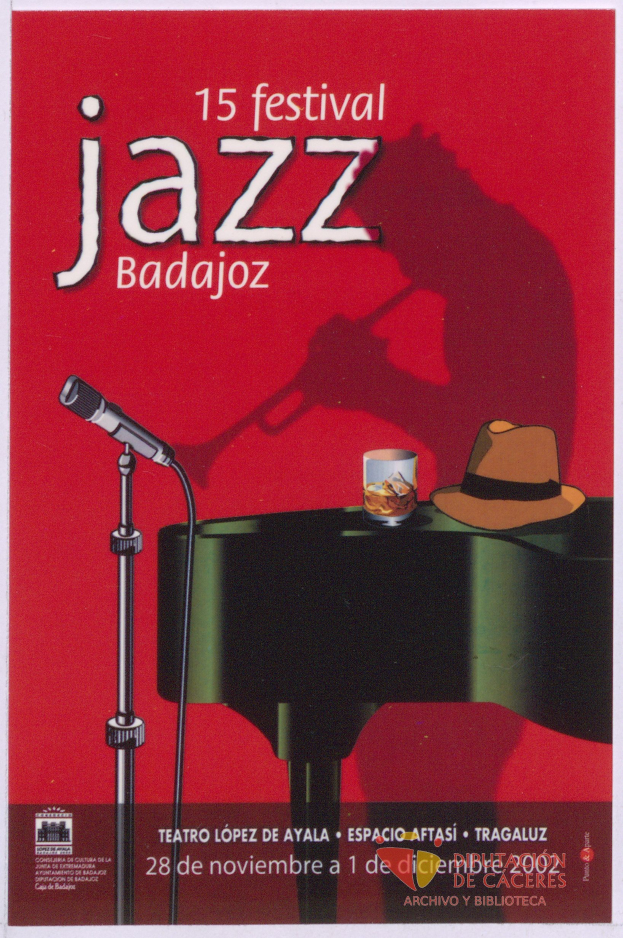 Ein Plakat für das 15. Festival Jazz Badajoz, das ein Mikrofon, einen Hut und ein Glas auf einem Tisch zeigt, mit Text, der Informationen über das Festival bereitstellt.