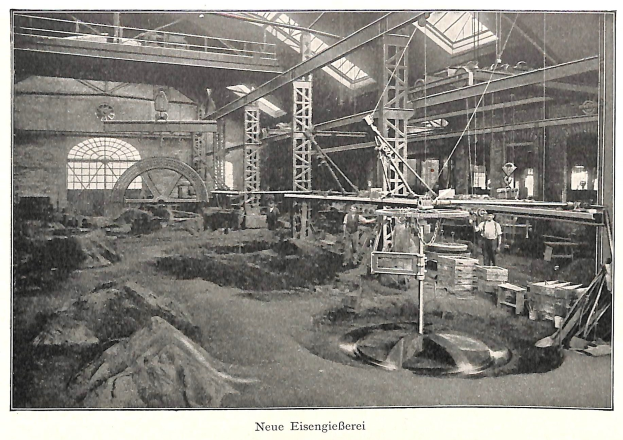 Schwarzes und weißes Foto einer Fabrikhalle mit Arbeitern, die Maschinen bedienen, umgeben von Metallstangen und -rohren, beschriftet mit "Neue Eisengießerei, die erste Fabrik in Deutschland" unten.