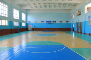 Große Turnhalle mit blau-weißem Boden, einem Basketballfeld, einem Netz mit Pfosten, einer Tür, Fenstern, Wandplakaten, einem Geländer und einem Dach.