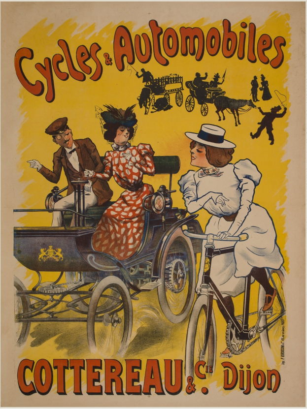 Plakatwerbung für Fahrräder und Automobile in Cottereau und Dijon, Frankreich, zeigt Menschen, die Fahrräder fahren und eine Kutsche mit "Fahrräder und Automobile" oben drauf.