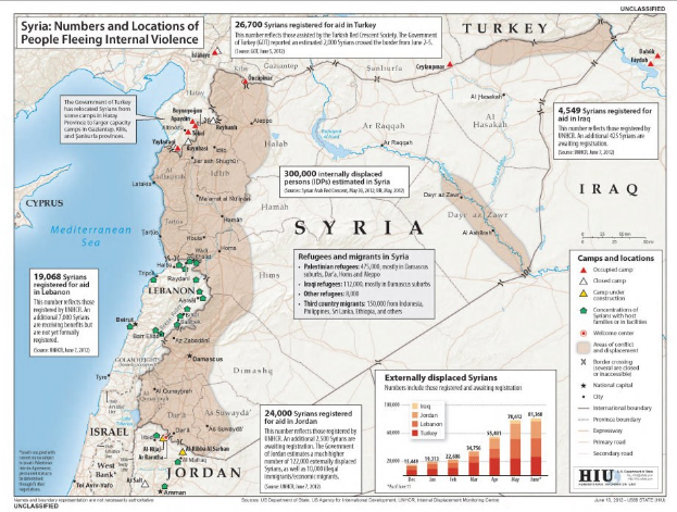 Ein Plakat mit einer Karte von Syrien, auf der Datenvisualisierungen und Text über Menschen zu sehen sind, die durch innere Gewalt vertrieben wurden.