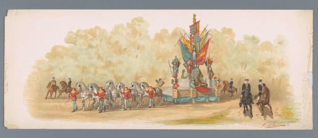 Ein Gemälde eines Karnevalsumzugs mit Menschen in bunten Kostümen, die auf Pferden vor einem geschmückten Wagen reiten, unter einem klaren blauen Himmel mit Bäumen im Hintergrund.