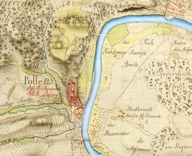 Ausf"uhrliches altes Stadtplan von Polle, Deutschland, der Stra{\ss}en, Geb"ude und einen durch die Stadt flie{\ss}enden Fluss zeigt.