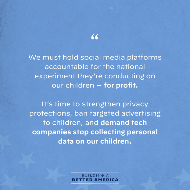 Ein Plakat mit einem Zitat aus Building a Better America, das lautet: "Wir müssen die sozialen Medien-Plattformen für das nationale Experiment zur Rechenschaft ziehen, das sie an unseren Kindern durchführen - für Profit.", geschmütckt mit Sternen.