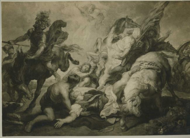 Eine Schwarz-Weiß-Zeichnung von Menschen in Not auf Pferden, einige am Boden liegend, eingerahmt von Text.