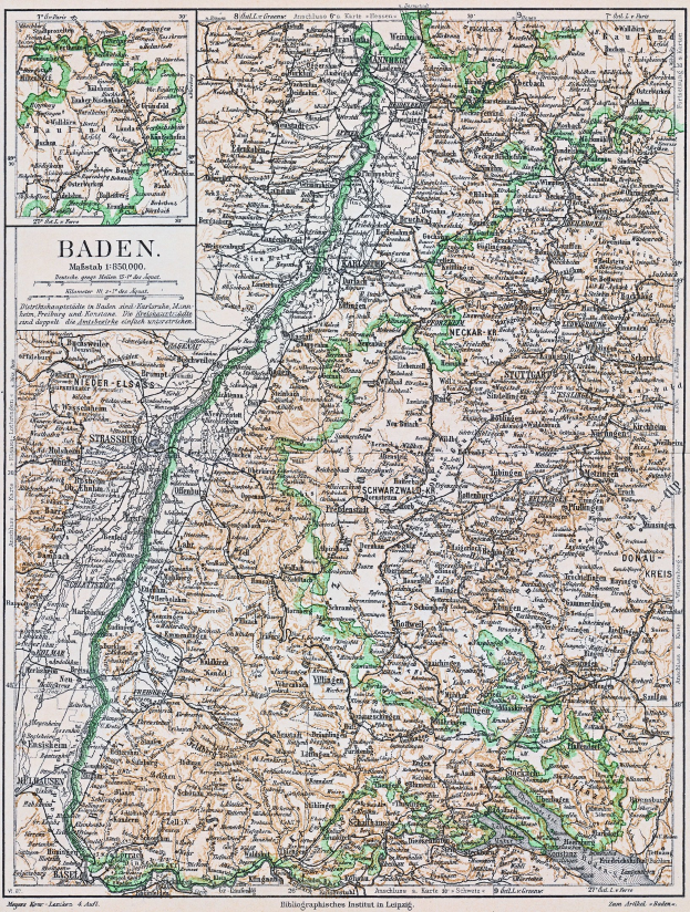 Detailierte alte Karte von Baden-Württemberg, Deutschland, zeigt Straßen, Städte und geografische Merkmale mit Text oben und unten auf dem Papier.