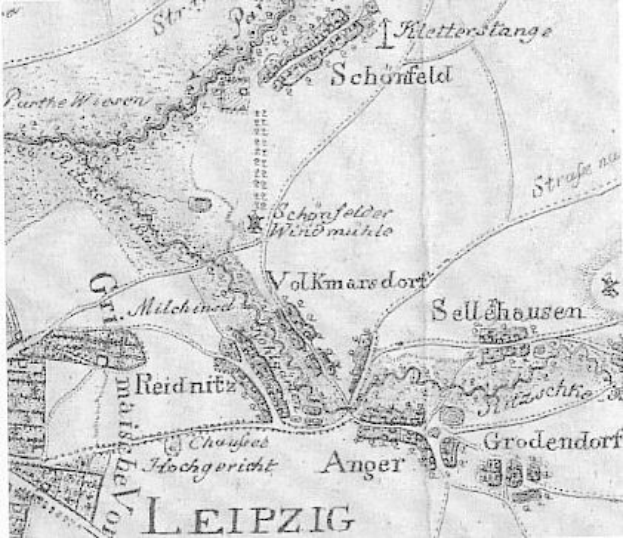 Detailreiches altes Stadtplan von Leipzig, Deutschland, zeigt Straßen, Gebäude und Sehenswürdigkeiten mit begleitendem Text über Bevölkerung, Straßen und bemerkenswerte Orte.