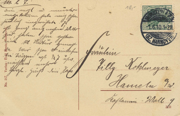 Alte Postkarte mit einer Briefmarke, die "Hannover, Deutschland - Cover nach Hannover - 1d/1d" lautet und handgeschriebener Text, Briefmarke oben rechts