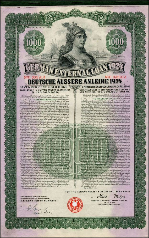 Deutsches Auslandsschuldschein-Zertifikat aus dem Jahr 1924 mit Abbildung einer Frau und gedrucktem Text sowie numerischen Denominationen.