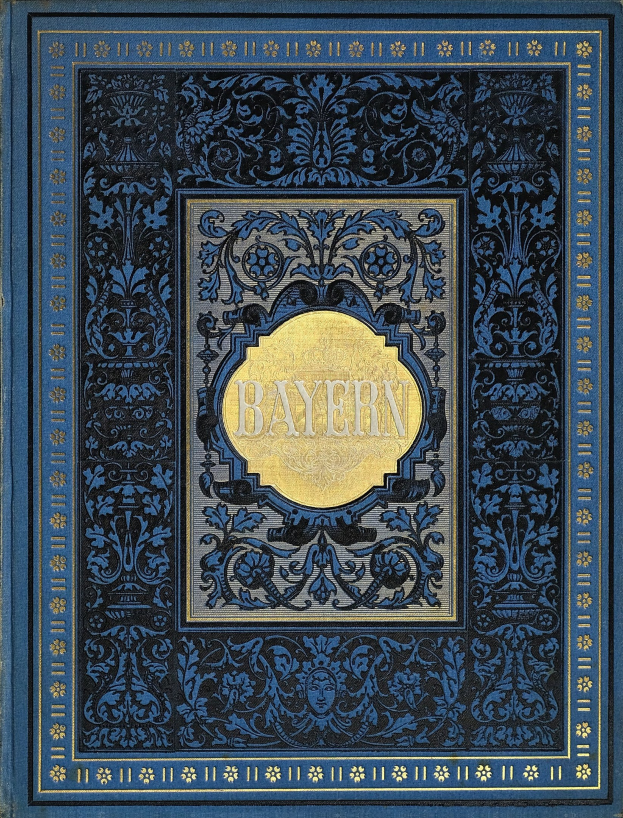 Ein blau-goldenes Buch mit dem Wort 'Bayern' auf dem Cover, das mit detaillierten dekorativen Designs versehen ist.