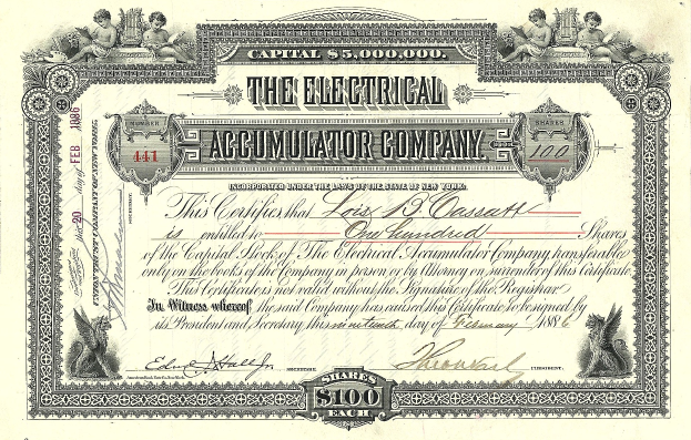 Ein Aktienzertifikat einer elektrischen Akkumulatorengesellschaft mit detaillierten Designs, das den Text "The Electrical Accumulator Company" enthält.