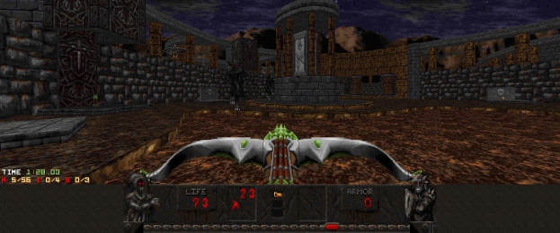 Eine Dungeon-Szene in *Dungeon Master II* mit einem Drachen in der Mitte, umgeben von Wänden, Säulen und anderen Gegenständen, mit spielbezogenen Text und Zahlen unten.