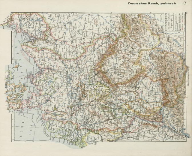 Eine 19. Jahrhundert-Karte von Deutschland, die ihre politischen Teilungen zeigt, gedruckt auf altem Papier mit Text oben und unten.