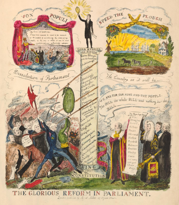 Ein buntes illustriertes Dokument mit der Überschrift "Die glorreichen Reformen im Parlament", das mutige Texte und verschiedene lachende Menschen zeigt, die Hoffnung und Fortschritt symbolisieren.