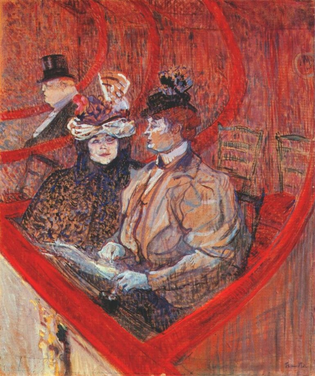 Gemälde mit dem Titel "Die Oper" von Édouard Manet, das zwei formell gekleidete Personen an einem Tisch in einem Raum mit gemustertem Tapeten und einer Stadtlandschaft durch ein großes Fenster zeigt, während eine dritte Person im Hintergrund steht.