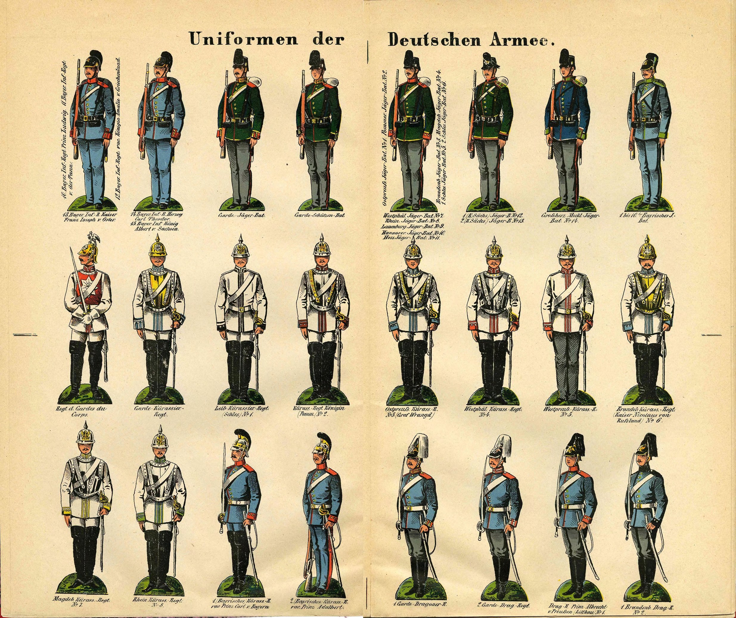 Ein Buch, das bunte deutsche Armee-Militäruniformen mit detaillierten Elementen wie Helmen, Gewehren und anderen Waffen zeigt.