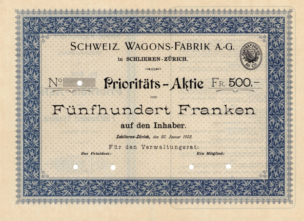 Altes deutsches Aktienzertifikat mit blauem Rand, Text lautet "Schweiz Wagons-Fabrik A.G."