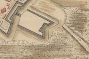 Eine detaillierte Karte einer Stadt mit einer Festung, einschließlich Textbeschreibungen zur Größe, Lage und Ausstattung der Festung.