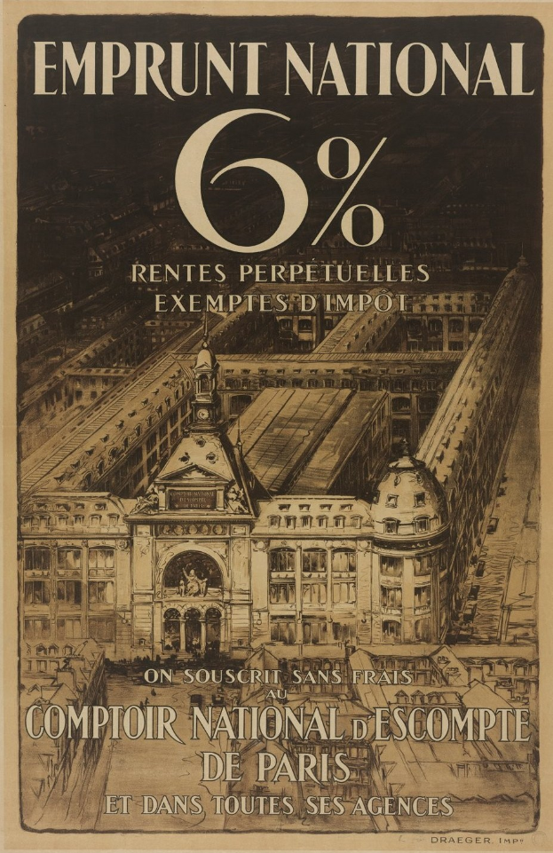 Plakat mit hellblauem Hintergrund, das ein zweistöckiges Gebäude mit rotem Dach und weißen Wänden zeigt, und mittig in fetter schwarzer Schrift den Text "emprunt national 6% - rentes perpetuelles exemptes impot" enthält.