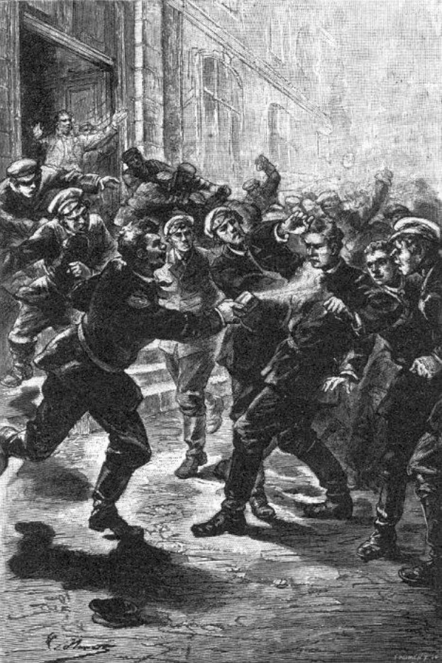 Schwarze und weiße Illustration eines gewalttätigen Straßenkampfes unter einer Gruppe von Männern mit einem Gebäude im Hintergrund und der Unterschrift "Victorian riots in London, England" unten.