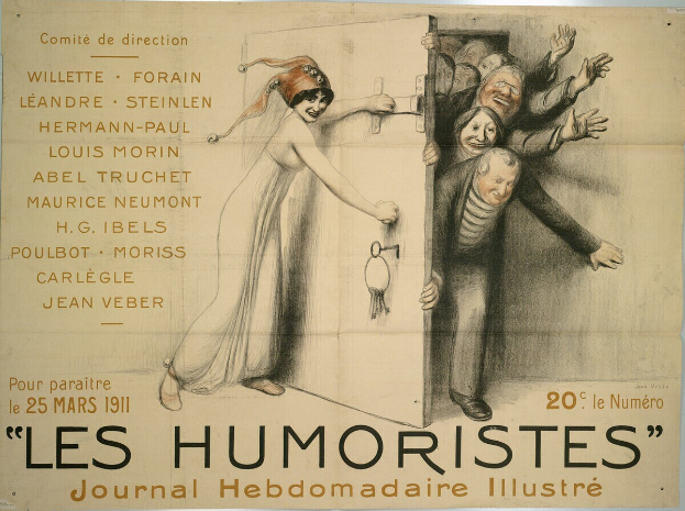 Ein Plakat an einer Gebäudewand mit einer Gruppe lachender und fröhlicher Menschen und der Schrift "Les Humoristes Journal Hebdomadaire Illustré" in fetter Schrift oben.
