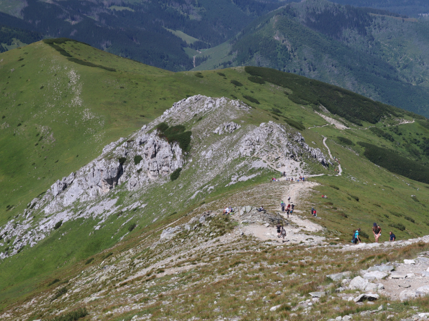 Eine Gruppe von Menschen wandert einen grasigen und steinigen Berghang hinauf mit einem klaren Himmel im Hintergrund.