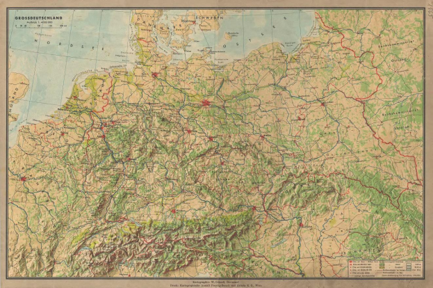 Detailierte alte Deutschlandkarte, die Straßen, Autobahnen und geographische Merkmale zeigt, mit Text oben und unten.