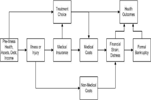 Flussdiagramm, das verschiedene Arten von medizinischen Kosten verknüpft mit Vorerkrankung, Gesundheit und Gesundheitsergebnissen, mit interconnected beschrifteten Boxen, die Schritte und Interaktionen zeigen.