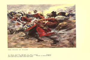 Ein Plakat, das eine Gruppe verzweifelter Menschen mit der Aufschrift 'Der Tod von Wolfe' am unteren Rand zeigt, in gedämpften Farben, um eine traurige Atmosphäre zu schaffen.