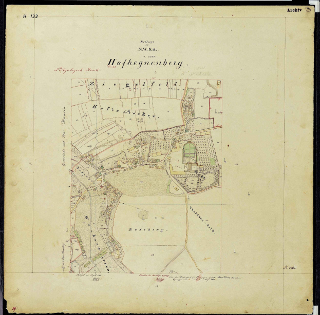 Schwarze und weiße Karte von Hofhegenberg, Deutschland, mit Straßen, Gebäuden und Sehenswürdigkeiten in Schwarz umrandet.
