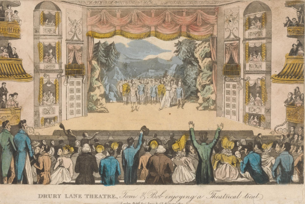 Eine Menschenmenge steht vor einer Bühne im Drury Lane Theatre in London, mit bemalten Vorhängen, Bäumen, Hügeln und einem Himmel als Hintergrund, und der Text "James & Bob genießen einen Theaterkopf" unten.
