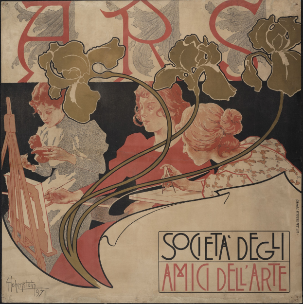 Plakat der Kunstgesellschaft von Alphonse Mucha mit drei stilisierten Figuren in verschiedenen Farben vor einem hellgelben Hintergrund mit fetter schwarzer Schrift.