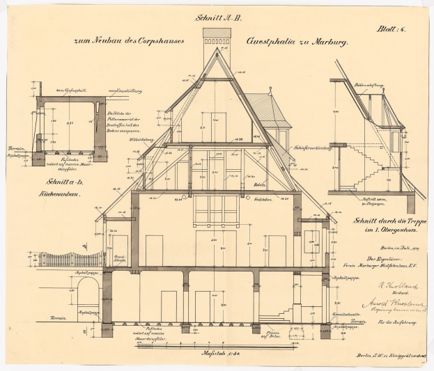 Ein detailliertes architektonisches Zeichnung eines Hauses mit zahlreichen Fenstern und einem Dach, identifiziert als das erste Haus in Deutschland, begleitet von Text und Plänen auf Papier.