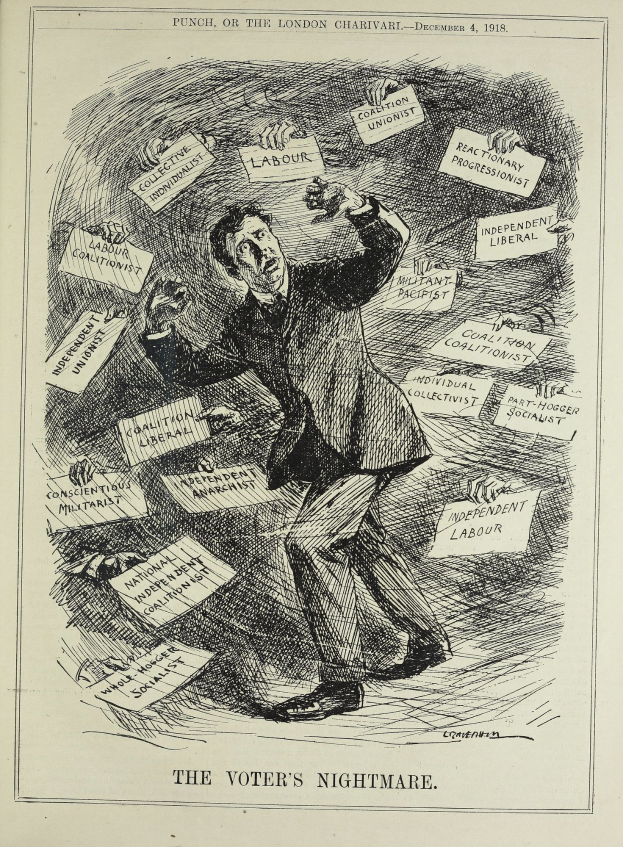 Ein Papier mit einer Zeichnung eines Mannes im Anzug und Krawatte, der ein Schild hält, auf dem steht "Der Albtraum des Wählers" und einen entschlossenen Gesichtsausdruck hat.