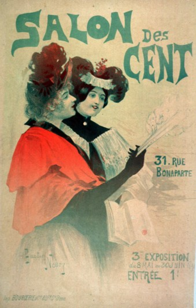 Plakat, das eine Schönheitsfarm mit zwei illustrierten Frauenköpfen und Textbeschreibungen anpreist.