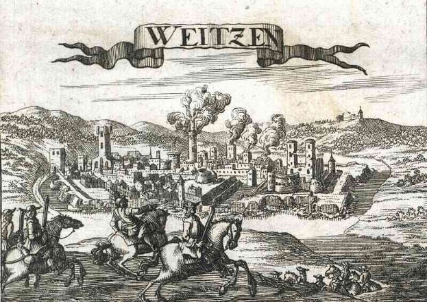 Schwarz-weißes Gravur von Weitzen, Deutschland, zeigt Menschen auf Pferden im Vordergrund mit Hügeln, Gebäuden, Bäumen und Rauch im Hintergrund.