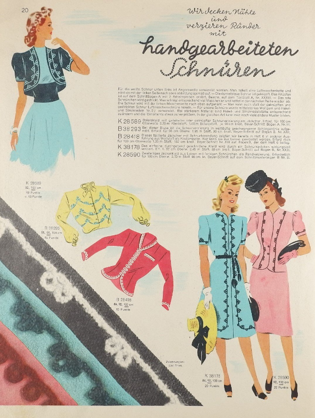 Eine Anzeige aus einem Modejournal der 1950er Jahre mit einer Frau in einem Kleid und Hut, umgeben von Bildern von Frauen und Texten über die Mode der 1950er Jahre.