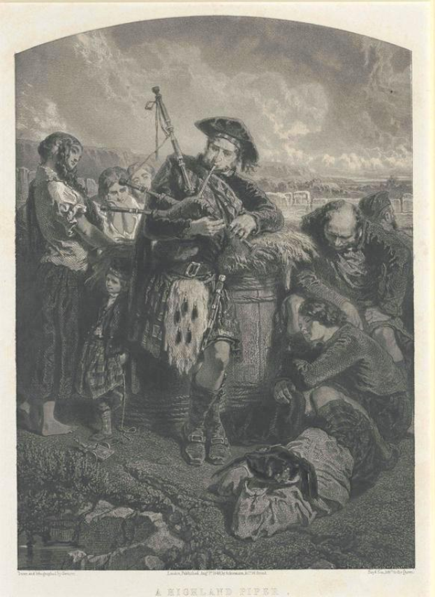 Schwarze und weiße Gravur eines Mannes, der eine Dudelsackpfeife vor einer Gruppe von Menschen spielt, mit einem bewölkten Himmel im Hintergrund und der Inschrift "Ein Highland-Pfeifer" unten.