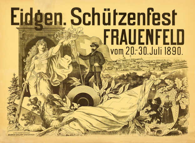 Plakat für das Eidgen Schützenfest in Frauenfeld, Deutschland, das einen Mann in einem Anzug und eine Frau in einem Kleid mit Veranstaltungseinzelheiten in Textform zeigt.