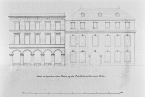 Ein detailliertes Bild einer Gebäudefassade mit zahlreichen Fenstern und Bögen, identifiziert als das Gegenhaus in Berlin, Deutschland, auf einem Blatt Papier mit begleitendem Text.