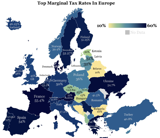 Eine Europa-Karte mit Farben, die die Spitzensatzsteuersätze nach Ländern anzeigen und der Titel "Spitzensatzsteuersätze in Europa" oben.