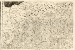 Ein altes Kartenbild von Sachsen, Deutschland, das geographische Merkmale wie Flüsse, Berge und Städte zeigt, mit begleitendem Text, der regionale Informationen liefert.
