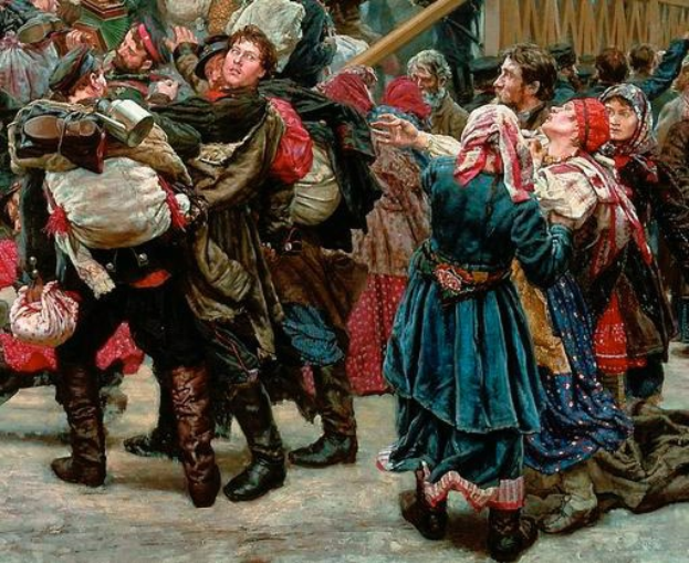 Gemlde von Menschen, die in traditioneller russischer Kleidung tanzen, whrend einer festlichen Szenerie, einige halten Gegenstnde, vor einer Menge und einem hölzernen Haus, das die russische Revolution evoziert.