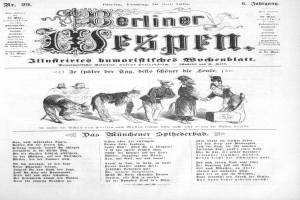 Ein altes Zeitungsblatt mit einer Karikatur eines Mannes mit Zylinder und einer Frau in einem Kleid, beide sehen besorgt aus, betitelt "Berliner Wespn, Juli 1873".