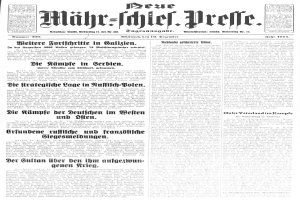 Titelseite einer deutschen Zeitung vom 18. September 1914, die ein Schwarz-Weiß-Porträt eines Mannes in Anzug und Krawatte zeigt, mit der Schlagzeile "Deutsches Reichstag, Vol 1, No 1".