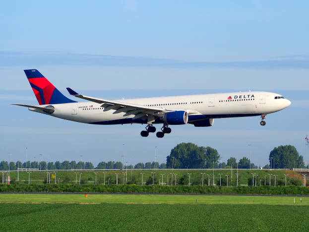 Delta Air Lines Boeing 787-9 Dreamliner beim Abheben vom Frankfurt Airport, mit grünem Gras darunter, Laternenpfählen, Bäumen und einem Turm im Hintergrund unter einem teilweise bewölkten Himmel.