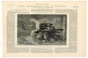 Ein altes Buch mit einer Zeichnung eines Mannes mit einer Waffe und einer Frau, die beide auf einem Papier mit Wörtern und Zahlen stehen, vor einem Gebäude.