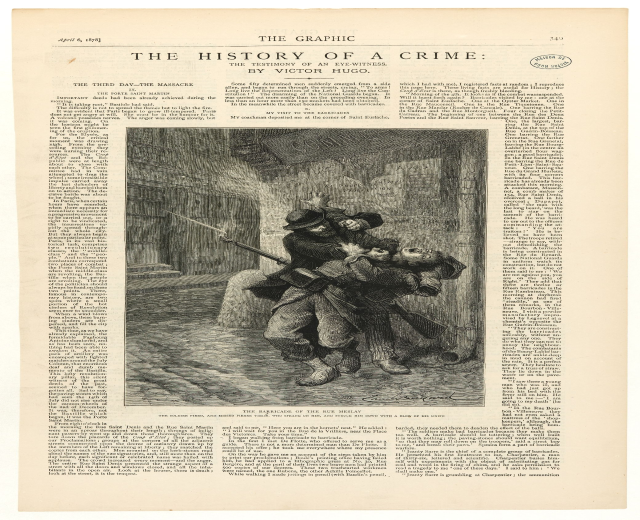 Ein altes Buch mit einer Zeichnung eines Mannes mit einer Waffe und einer Frau, die beide auf einem Papier mit Wörtern und Zahlen stehen, vor einem Gebäude.