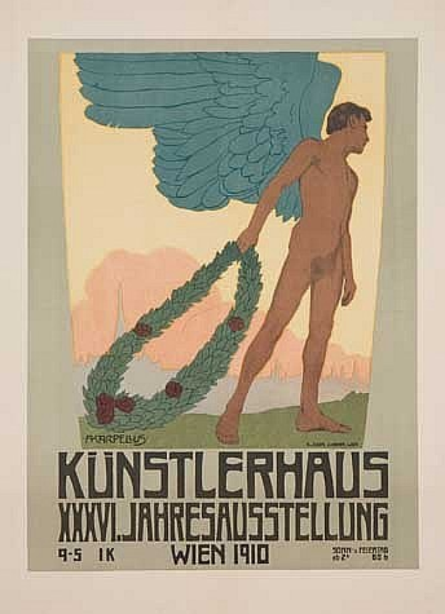 Deutsches Propagandaplakat aus dem Jahr 1910 mit einem geflügelten Mann in einem Kranz, ausgestreckte Arme, mit leuchtenden Farben und fettem Text: "Kunstlerhaus Wien 1910."
